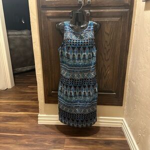 Blue and Black White House Black Market Patterned Evening Sleeveless Dress